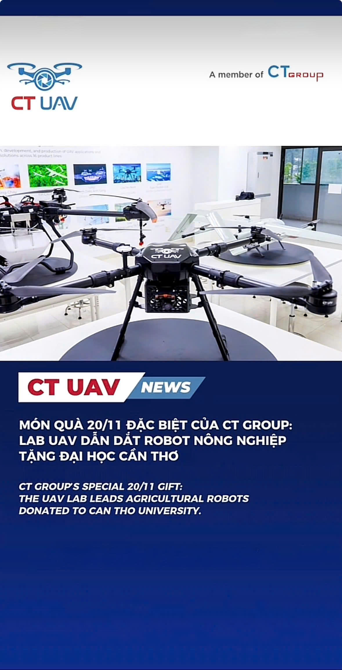 CT Group's special 20/11 gift: The UAV Lab leads agricultural robots donated to Can Tho University